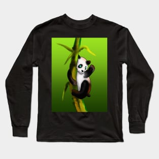 Panda climbing bamboo on a green background Long Sleeve T-Shirt